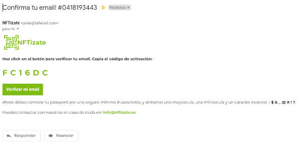 API NFTGifts email confirmacion copiar codigo activación